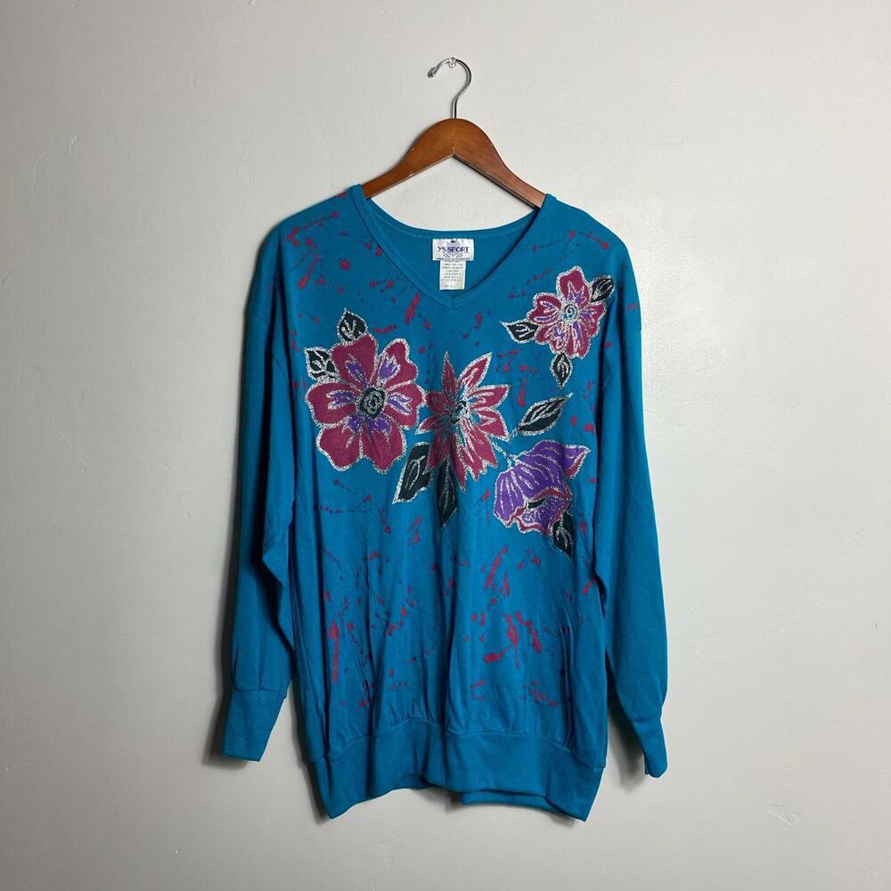 Blue floral print V-neck long sleeves blouse size 2X